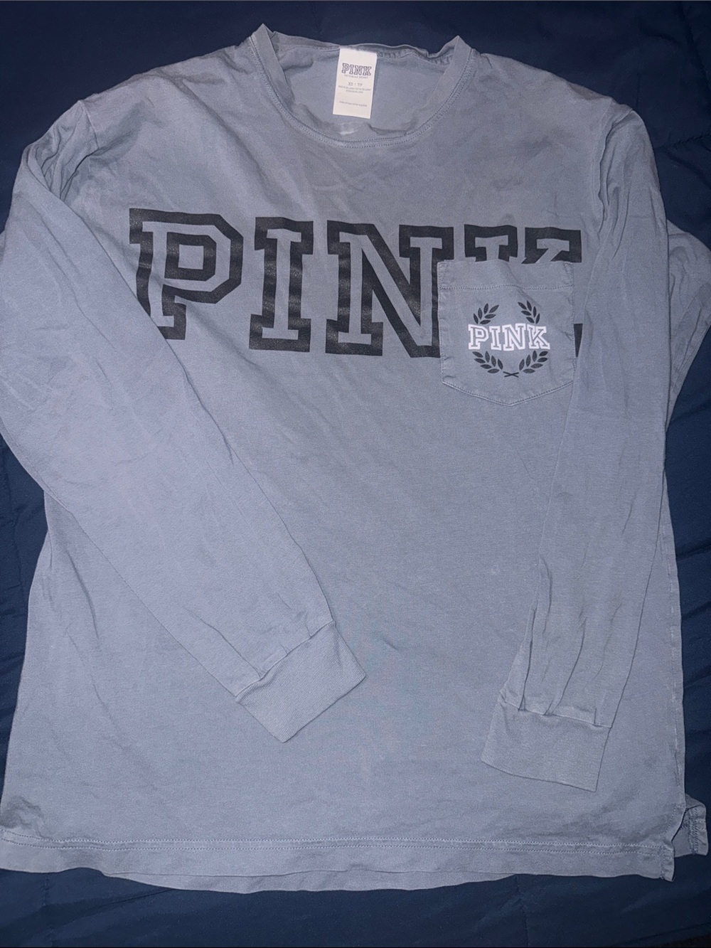 PINK Victoria's Secret Long Sleeve Crew Pocket Tee - Slate Blue